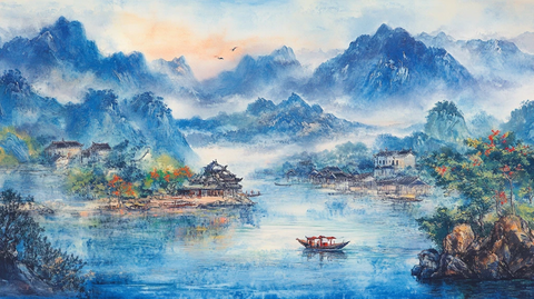 横店彩绘山水水墨画