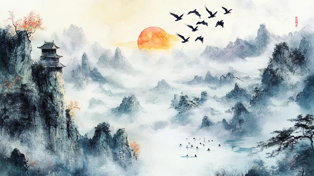 仙鹤楼阁古风山水画