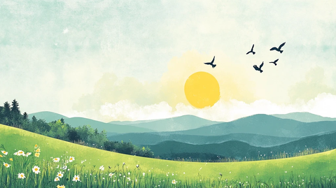 蓝天白云草地插画