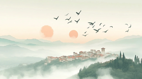 仙鹤楼阁古风山水画