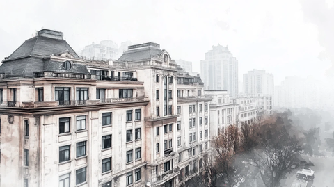 城市冬季晨雾大楼