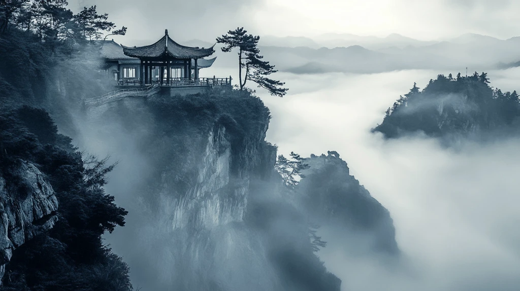 屏风墨韵凉亭山峰云雾