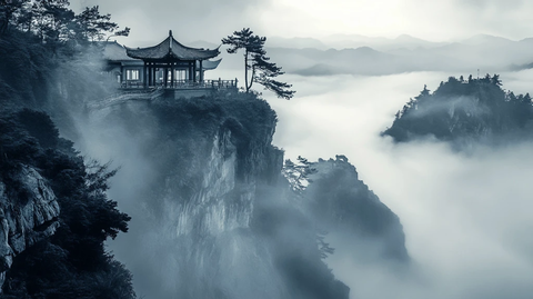 屏风墨韵凉亭山峰云雾