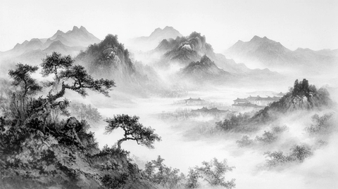 水墨迎客松远山