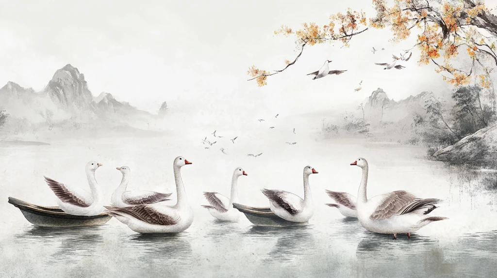 白鹅浮水水墨画