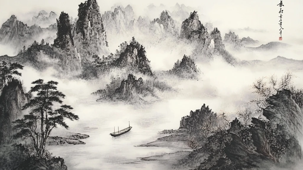 舟河流山峰背景墙