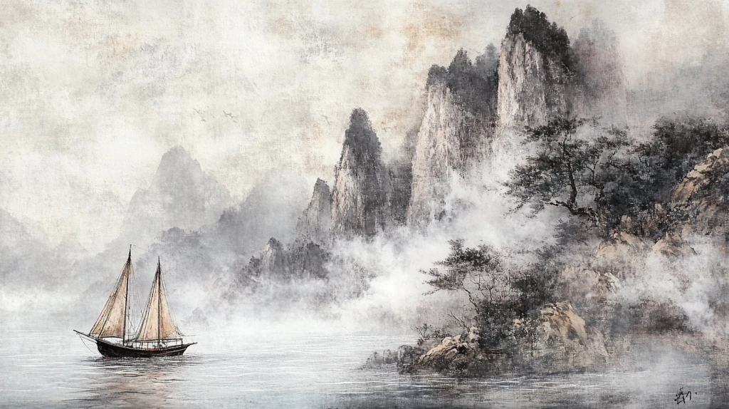 水墨山水帆船