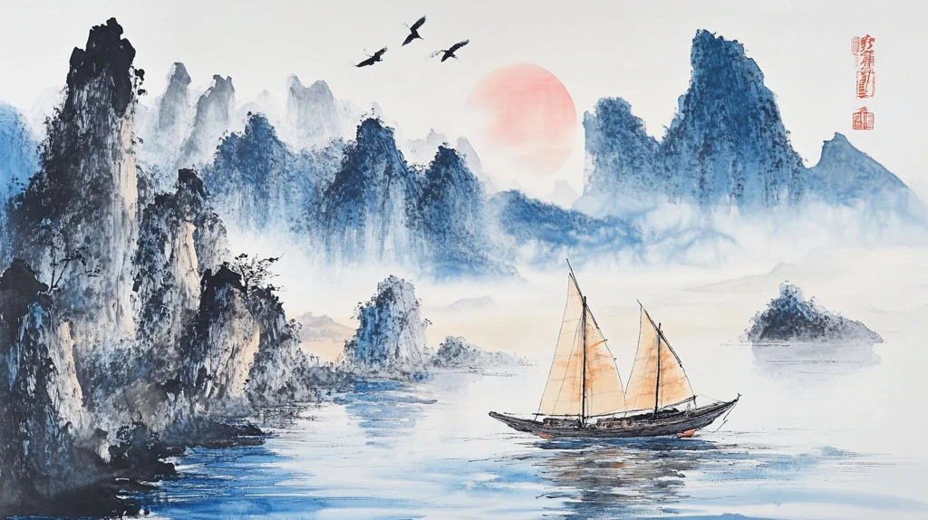 旭日东升水墨山水