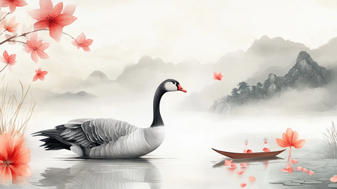 白鹅浮水水墨画