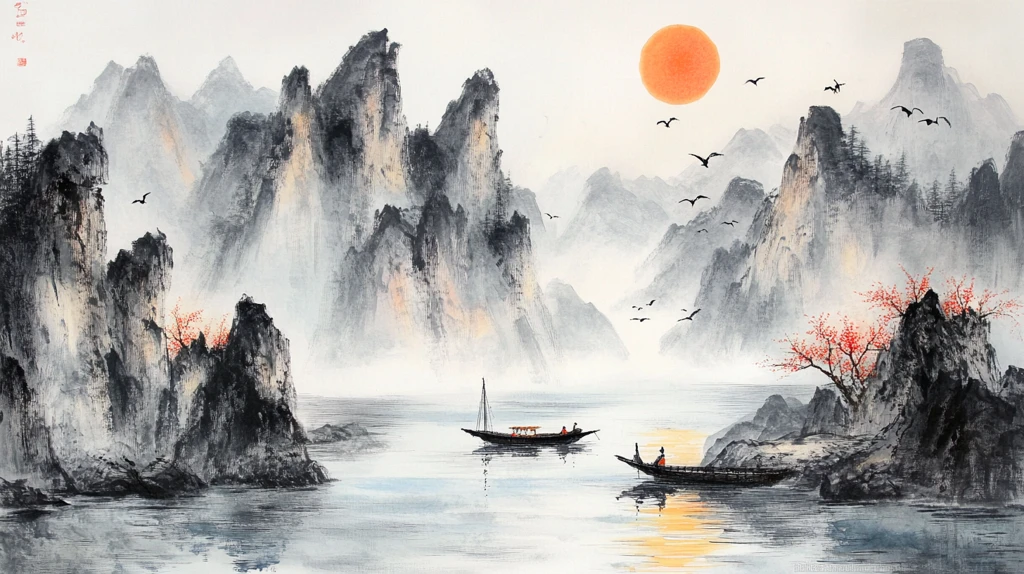 旭日东升水墨山水