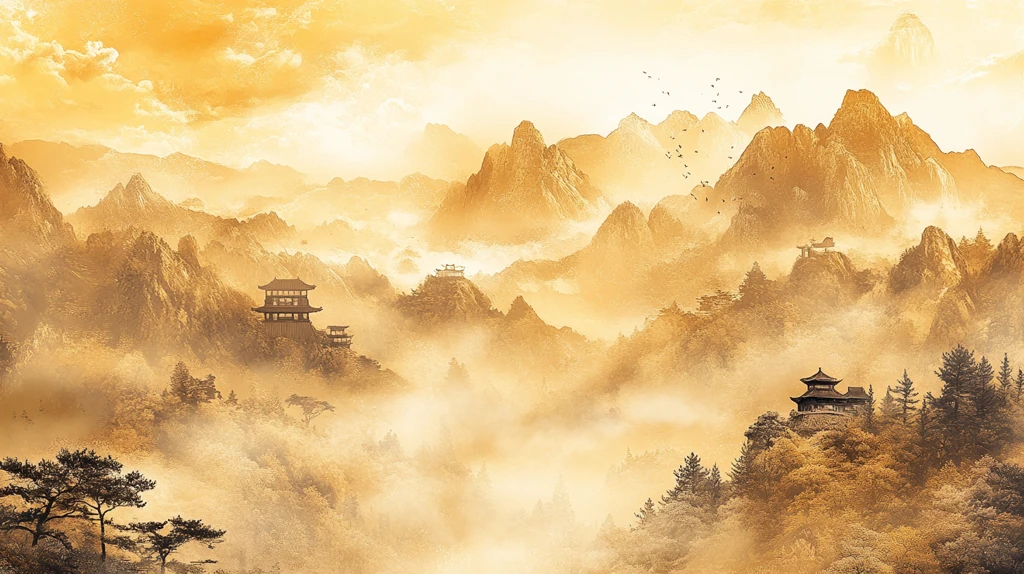 淡雅金色烟雾山水