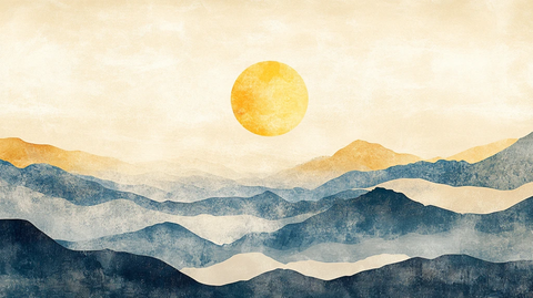 日落水墨画日落群山