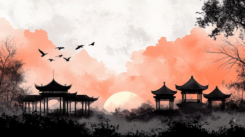 仙鹤楼阁古风山水画