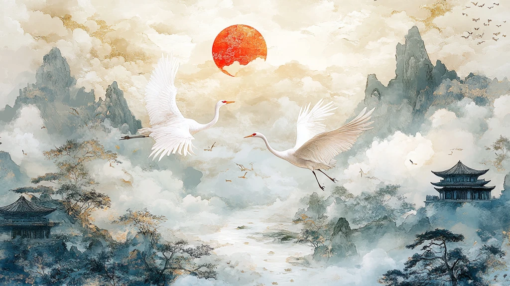 仙鹤古风山水插画