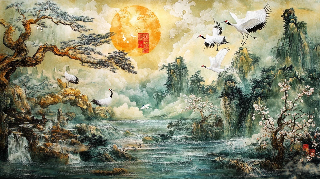 梅花仙鹤旭日东升