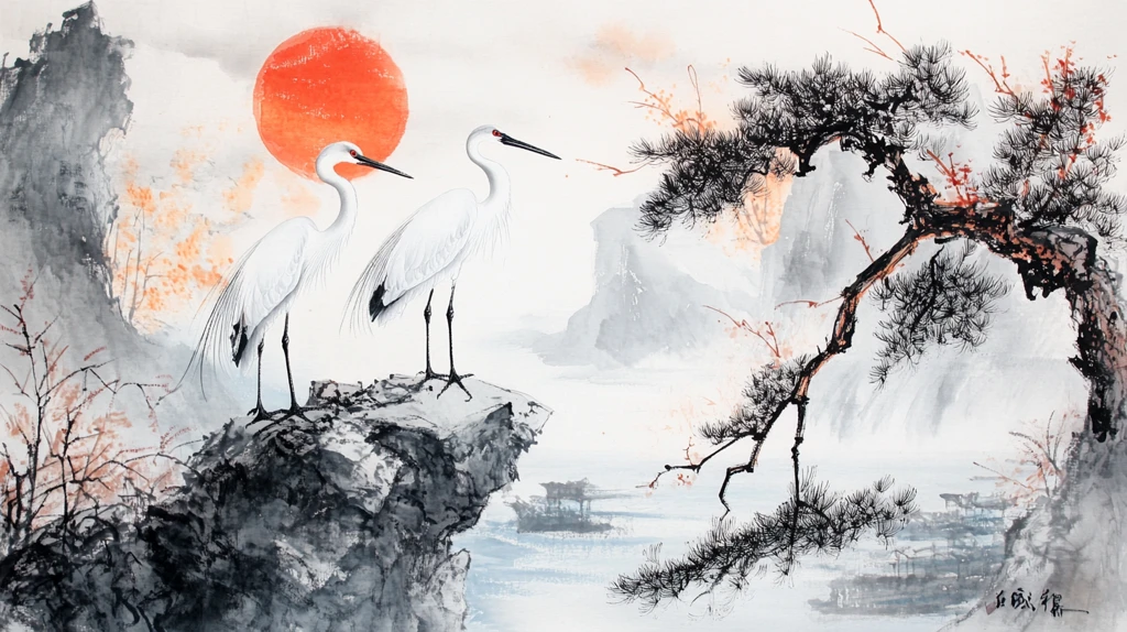 仙鹤水墨山水画