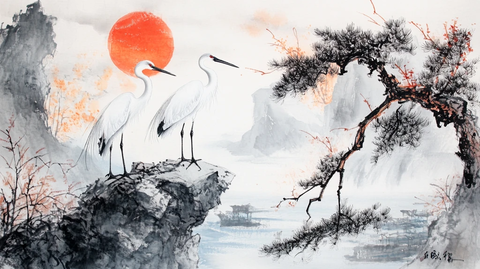 仙鹤水墨山水画