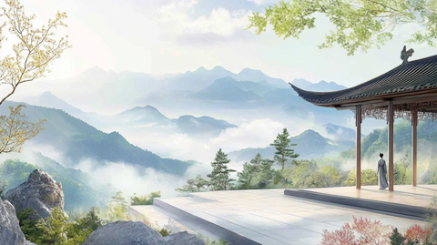 新中式楼阁山水