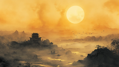 旭日东升楼阁山水画