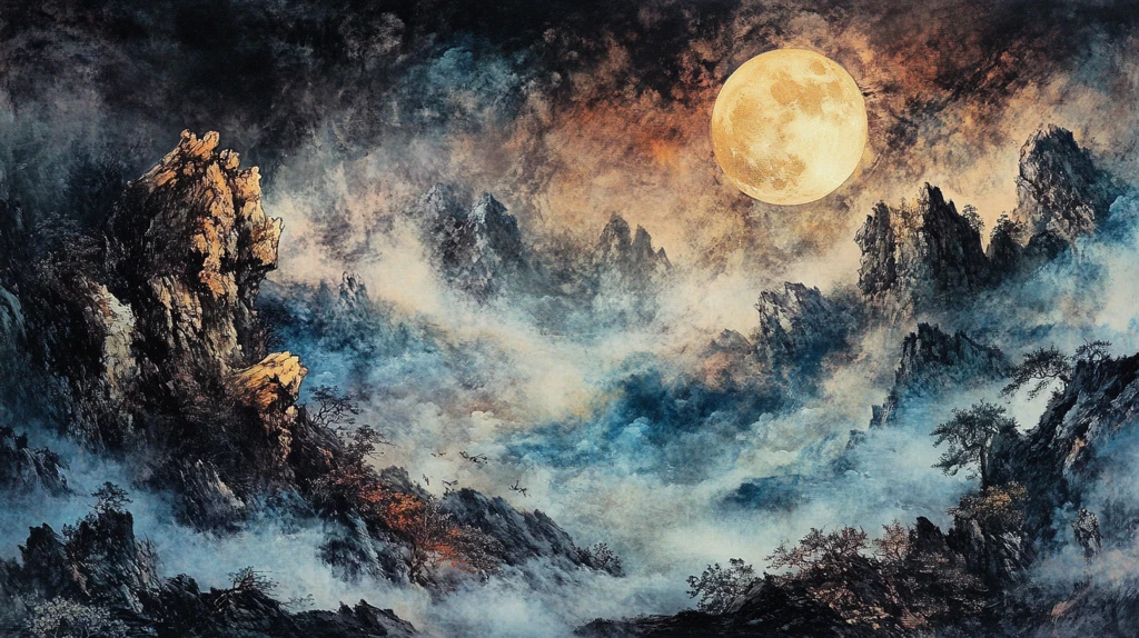 花好月圆水墨山水画