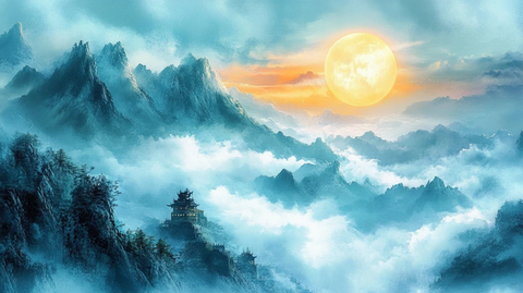 旭日东升楼阁山水画