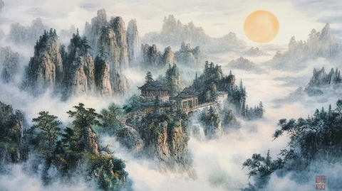 旭日东升楼阁山水画