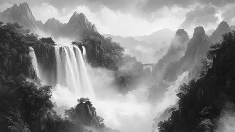 意境水墨山水瀑布