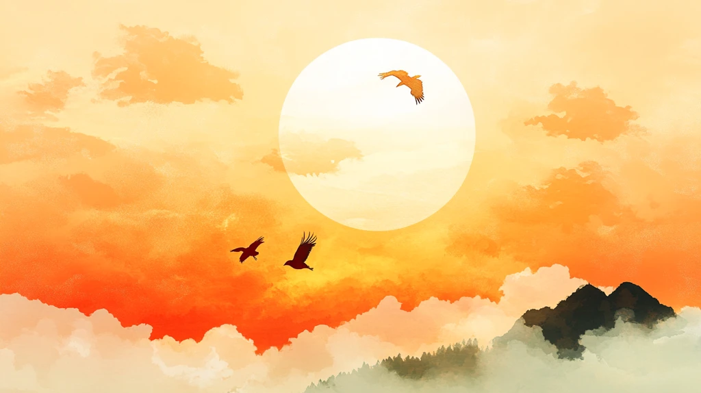 插画飞鸟落日