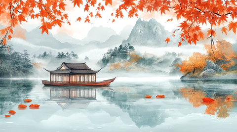 红叶古风山水画