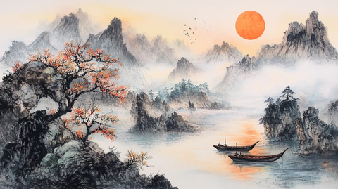 红日水墨山水