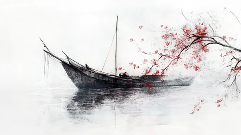 红色小舟水墨画
