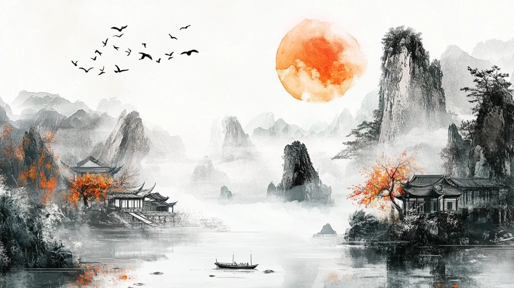 新中式山水描金楼阁画