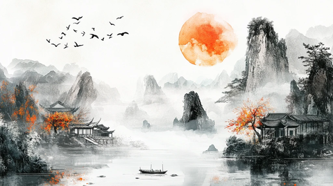 新中式山水描金楼阁画