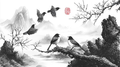 水墨风景挂画水墨小鸟
