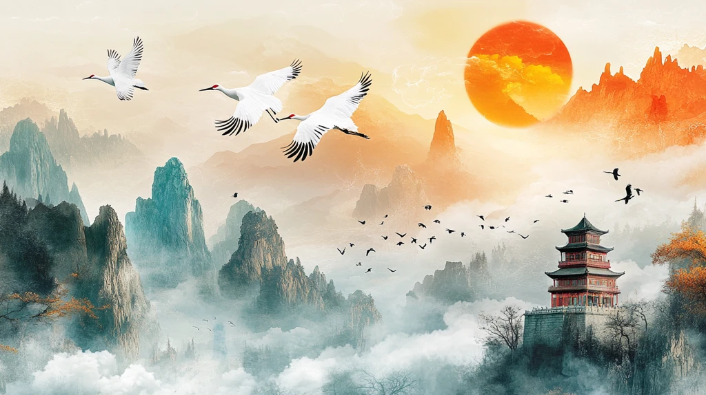 仙鹤楼阁古风山水画