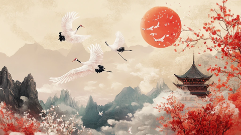 仙鹤古风山水插画