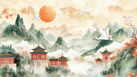 仙鹤楼阁古风山水画