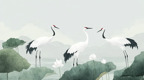 唯美仙鹤风景插画