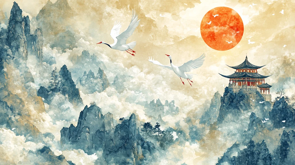 仙鹤楼阁古风山水画