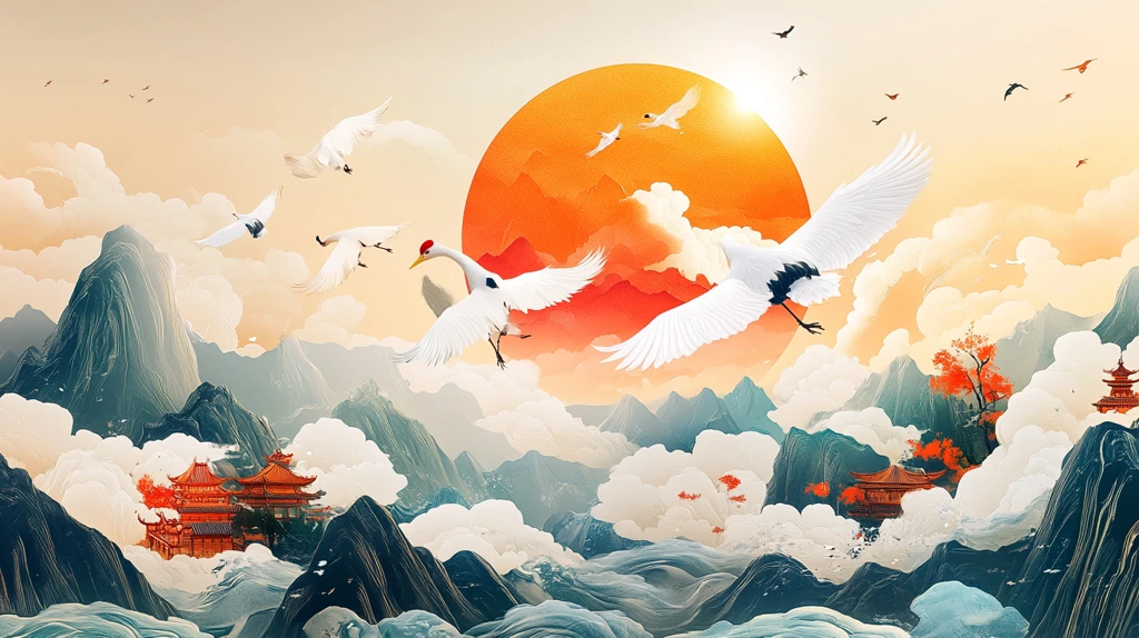 旭日东升仙鹤插画