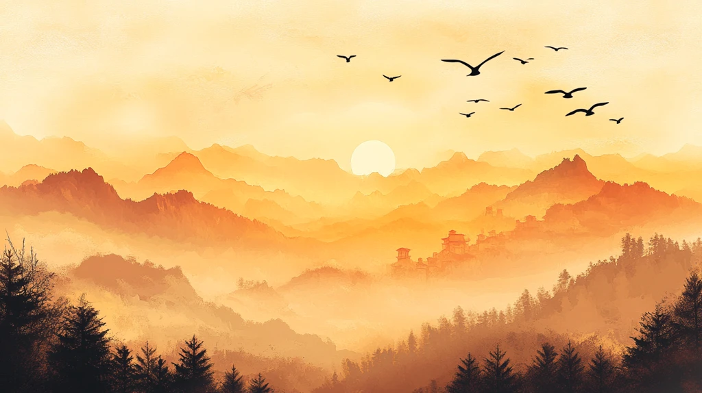 群山远山树木日出大雁