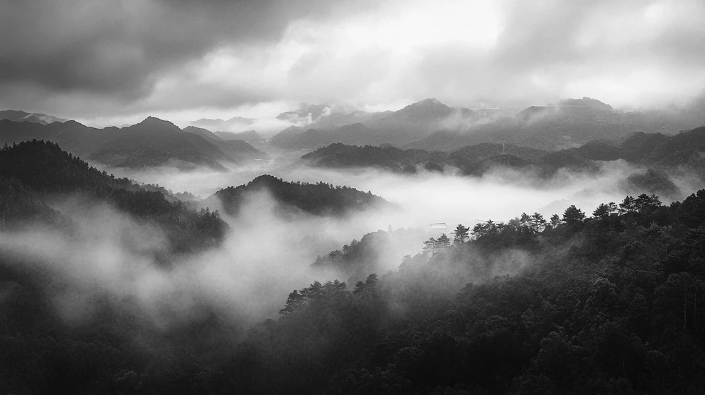 大山云雾黑白照