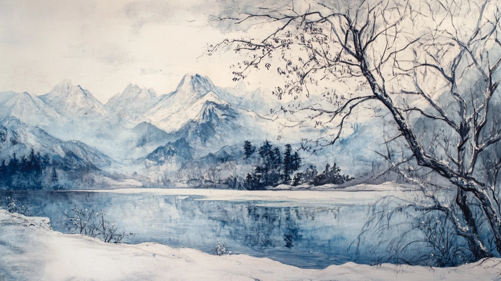 雪山水粉画