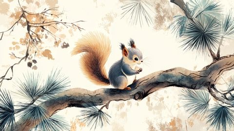 软萌松鼠手绘装饰画