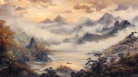 油画远山群山倒影云雾