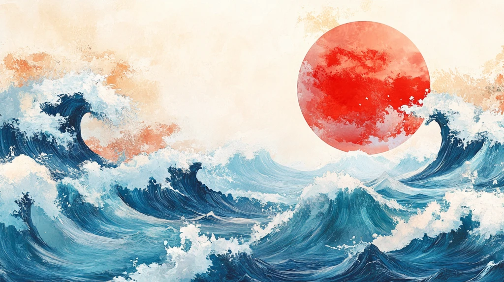 手绘海浪旭日东升