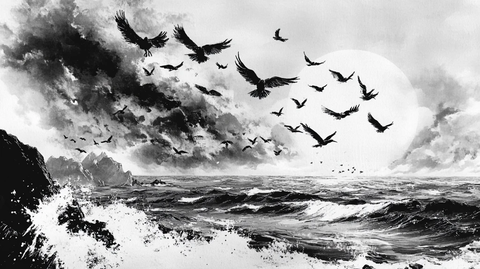 水墨船墨痕飞鸟