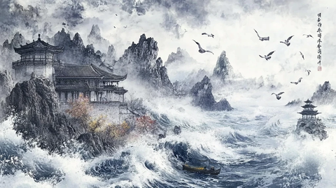 手绘海景楼阁仙鹤仙山