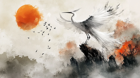 仙鹤水墨山水画