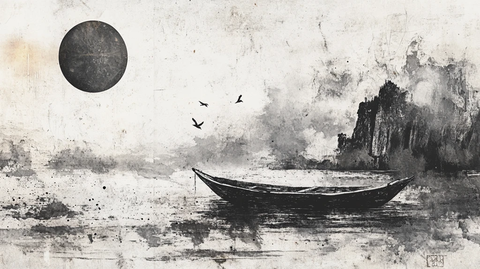 水墨船墨痕飞鸟